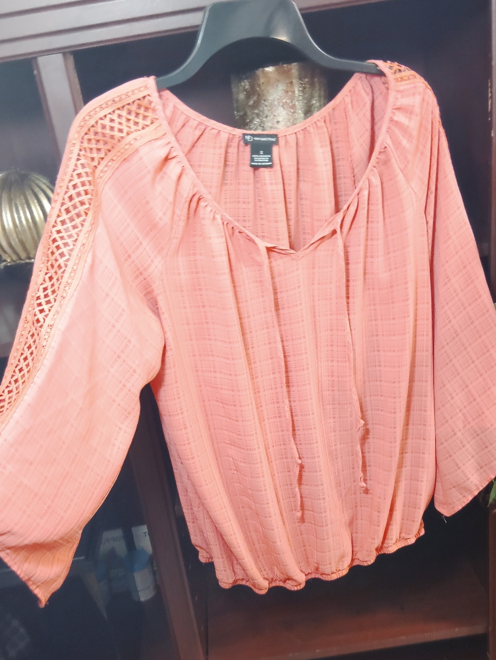 new directions Coral Peasant Blouse with Crochet Shoulder